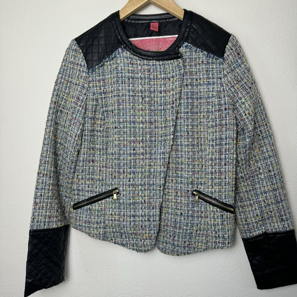 Bernardo Collection Tweed Jacket Faux Leather Details Quilted Accents‎ - Size L